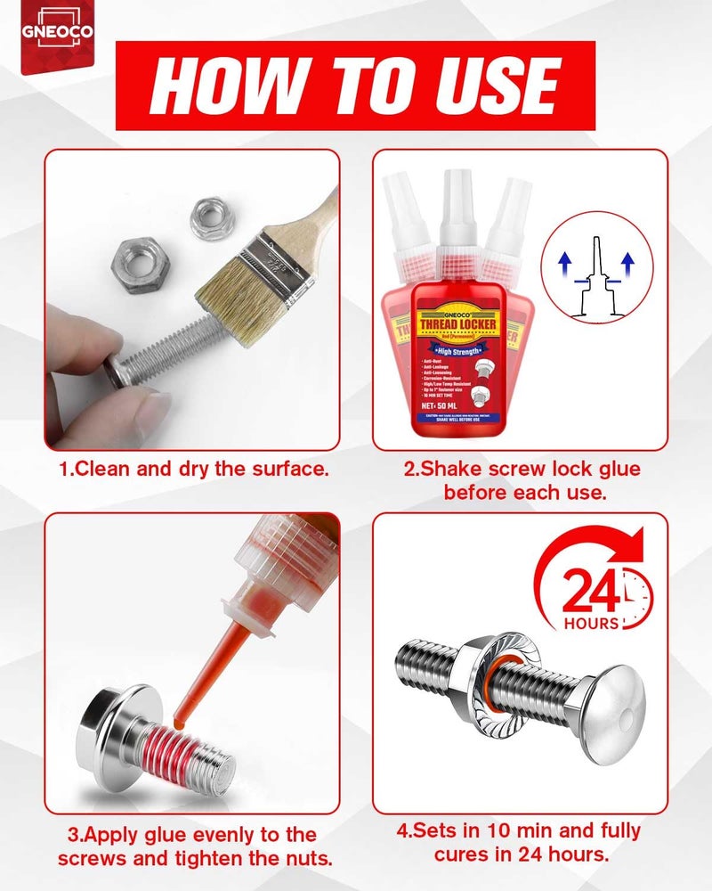 GNEOCO Thread Lock Red 1.69 Fl oz/50 ml, Threadlocker High Strength, Thread Locker for Nuts, Bolts, Fasteners and Metals, Anaerobic Curing Screw Glue to Prevent Loosening (Red (Permanent)) - Image 4